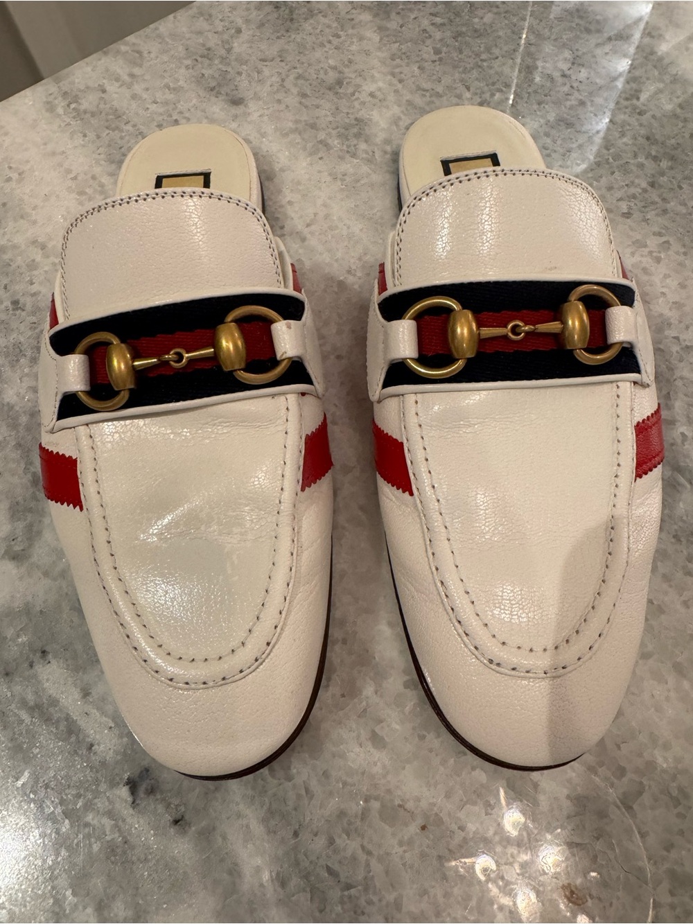 Gucci White Leather Horsebit Mule Loafers with Red & Navy Stripes - Picture 8 of 8